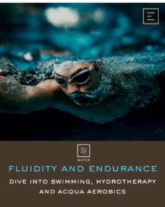 swimmer wearing goggles powers forward underwater bubbles; overlaid title “Fluidity and Endurance” with Water Element logo and tagline