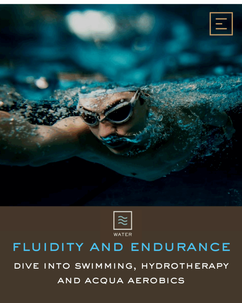 swimmer wearing goggles powers forward underwater bubbles; overlaid title “Fluidity and Endurance” with Water Element logo and tagline